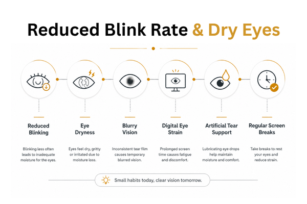 Infographic showing how reduced blink rate from prolonged screen time leads to eye dryness, blurry vision, and digital eye strain, with artificial tears and regular screen breaks helping relieve symptoms.