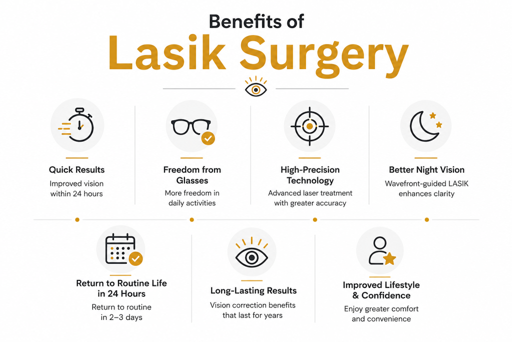 Infographic explaining the benefits of LASIK surgery, including improved vision within 24 hours, freedom from glasses, better night vision, advanced laser technology, fast recovery, long-lasting results, and improved confidence.