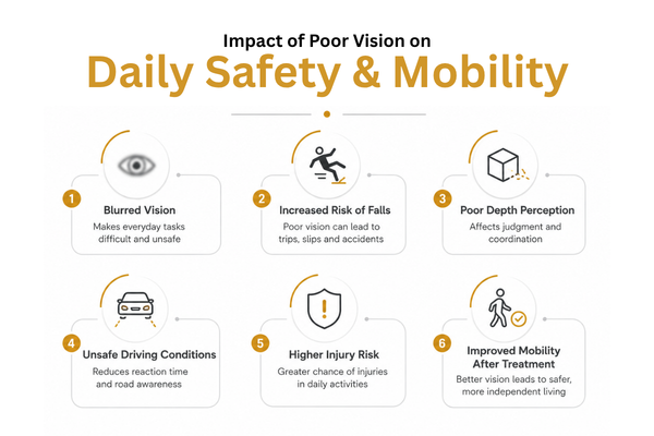 Infographic showing the impact of poor vision on daily safety and mobility, including blurred vision, falls, unsafe driving, and injury risk.