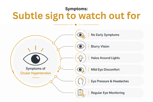 Infographic showing symptoms of ocular hypertension, including blurry vision, halos around lights, and eye discomfort.